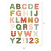 A colorful alphabet and numbers print featuring uppercase letters A-Z, an exclamation mark, and numbers 1-3. Each character has a unique pattern and color, displayed on a white background with measurements of 8.5" x 11".