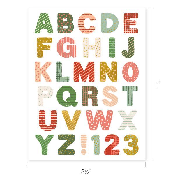 A colorful alphabet and numbers print featuring uppercase letters A-Z, an exclamation mark, and numbers 1-3. Each character has a unique pattern and color, displayed on a white background with measurements of 8.5" x 11".