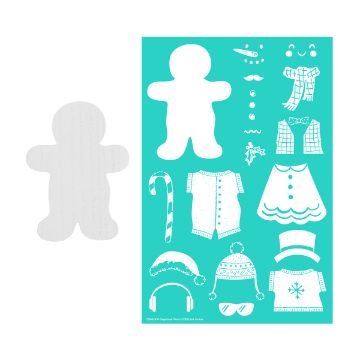 Show details for Festive Friend Bundle A gingerbread person cookie and a teal stencil sheet with white cutout designs for decorating the cookie, including faces, accessories, clothing, and winter-themed decorations.