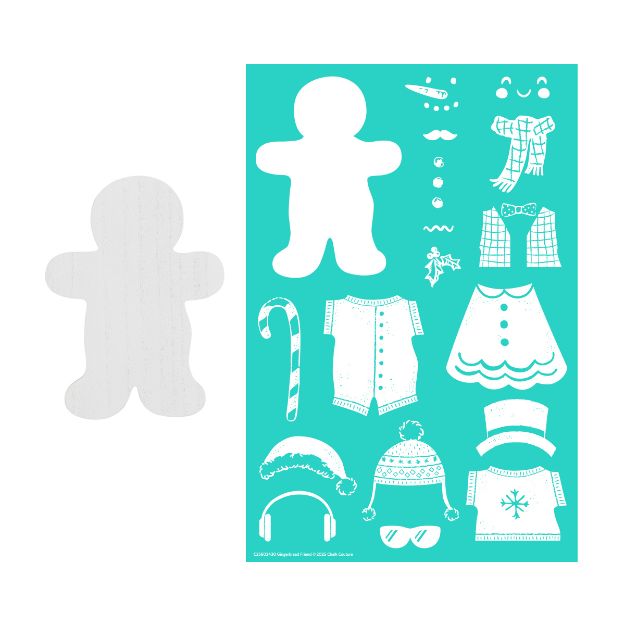 A gingerbread person cookie and a teal stencil sheet with white cutout designs for decorating the cookie, including faces, accessories, clothing, and winter-themed decorations.