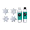 Four white, plastic snowflake molds are arranged next to two bottles of Chalk Couture resin, labeled "Resin” and “Hardener." All items are displayed against a white background.