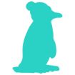 A turquoise silhouette of a standing penguin facing to the right, with a rounded head and flippers, set against a white background.