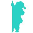 A turquoise silhouette of Santa Claus wearing a hat, standing and peeking from behind a vertical pole, on a plain white background.