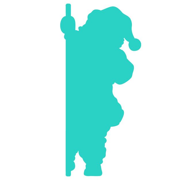 A turquoise silhouette of Santa Claus wearing a hat, standing and peeking from behind a vertical pole, on a plain white background.