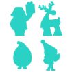 Four teal silhouettes: a Santa holding a present, a reindeer, a rounded Santa with hat, and a small elf with a pointy hat. Each figure has a distinct outline and festive appearance.