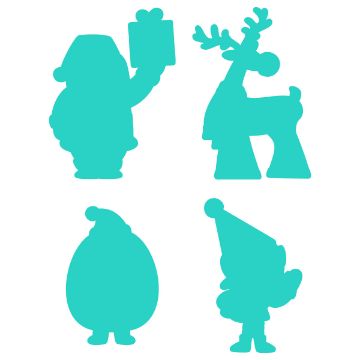 Show details for Christmas Characters Digital Download Four teal silhouettes: a Santa holding a present, a reindeer, a rounded Santa with hat, and a small elf with a pointy hat. Each figure has a distinct outline and festive appearance.