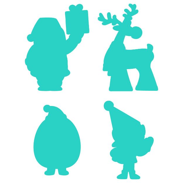 Four teal silhouettes: a Santa holding a present, a reindeer, a rounded Santa with hat, and a small elf with a pointy hat. Each figure has a distinct outline and festive appearance.