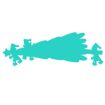 A teal silhouette of three elves carrying a large Christmas tree, with two at the back and one at the front. The background is white.