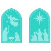 Two turquoise stained-glass window designs: one shows an angel with a trumpet above the Nativity scene with Mary, Joseph, and baby Jesus; the other depicts the Star of Bethlehem and the three wise men approaching.