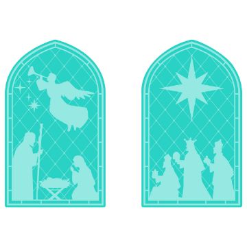 Show details for Stained Glass Scene Digital Download Two turquoise stained-glass window designs: one shows an angel with a trumpet above the Nativity scene with Mary, Joseph, and baby Jesus; the other depicts the Star of Bethlehem and the three wise men approaching.