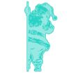 A light blue, stylized illustration of Santa Claus wearing a hat and belt, standing with one arm raised and holding onto a vertical pole, set against a white background.