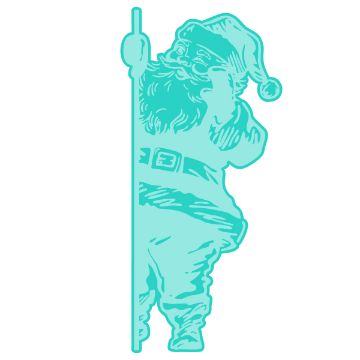 Show details for I Saw That Digital Download A light blue, stylized illustration of Santa Claus wearing a hat and belt, standing with one arm raised and holding onto a vertical pole, set against a white background.