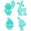 Four turquoise Christmas cartoon characters: Santa holding a gift, a reindeer with a scarf, a penguin wearing a Santa hat holding a gift, and a smiling elf waving.