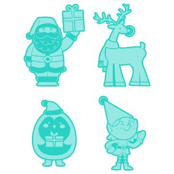 Show details for Christmas Characters Digital Download Four turquoise Christmas cartoon characters: Santa holding a gift, a reindeer with a scarf, a penguin wearing a Santa hat holding a gift, and a smiling elf waving.