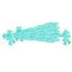 Three elves in hats carry a large Christmas tree together, walking from right to left. One elf in front holds a star ornament. The illustration is in a simple, light blue style on a white background.