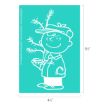 A simple white line drawing of a smiling boy in a hat holding a small, sparse Christmas tree, shown on a teal background with dimensions of 6.5 inches tall by 4.5 inches wide.