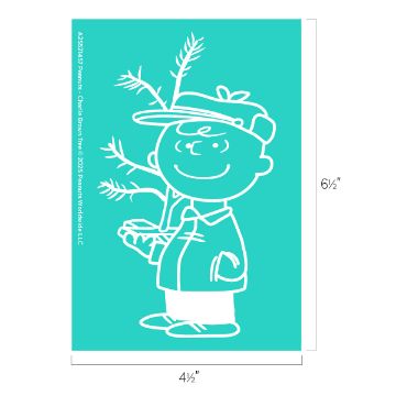 Show details for Peanuts - Charlie Brown Tree A simple white line drawing of a smiling boy in a hat holding a small, sparse Christmas tree, shown on a teal background with dimensions of 6.5 inches tall by 4.5 inches wide.