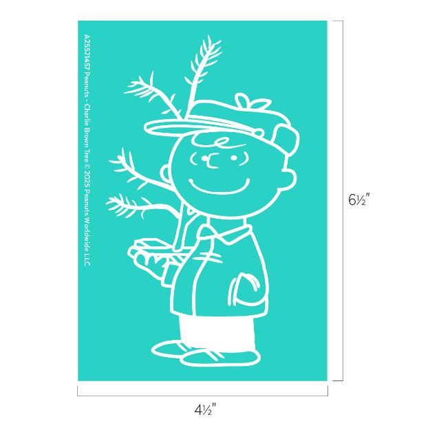 A simple white line drawing of a smiling boy in a hat holding a small, sparse Christmas tree, shown on a teal background with dimensions of 6.5 inches tall by 4.5 inches wide.