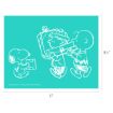 White line drawing on a teal background shows Snoopy holding a puzzle piece while two children, one wearing a hat, carry a large wrapped gift. The image dimensions are 11 inches by 8.5 inches.