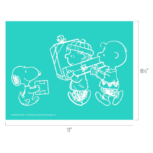 White line drawing on a teal background shows Snoopy holding a puzzle piece while two children, one wearing a hat, carry a large wrapped gift. The image dimensions are 11 inches by 8.5 inches.