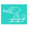 Line drawing of Snoopy wearing a winter hat and scarf, sledding with Woodstock on a turquoise background. The image measures 11 inches wide by 8.5 inches high.