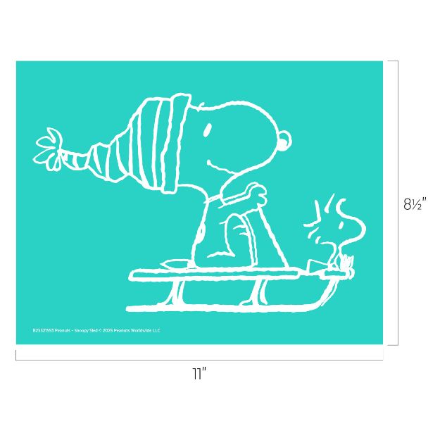 Line drawing of Snoopy wearing a winter hat and scarf, sledding with Woodstock on a turquoise background. The image measures 11 inches wide by 8.5 inches high.