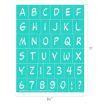 A turquoise stencil sheet featuring the uppercase alphabet A-Z, numbers 0-9, an exclamation mark, and a question mark in a white, handwritten style. The sheet measures 11 inches by 8.5 inches.