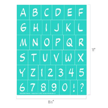 Show details for Peanuts - Classic Font A turquoise stencil sheet featuring the uppercase alphabet A-Z, numbers 0-9, an exclamation mark, and a question mark in a white, handwritten style. The sheet measures 11 inches by 8.5 inches.