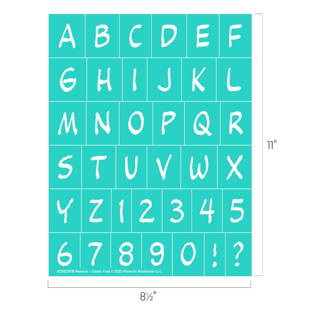 A turquoise stencil sheet featuring the uppercase alphabet A-Z, numbers 0-9, an exclamation mark, and a question mark in a white, handwritten style. The sheet measures 11 inches by 8.5 inches.