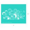 White line drawing of Peanuts characters, including Snoopy, Charlie Brown, and friends, standing and sitting together on a turquoise background. Image dimensions are 11 inches by 8.5 inches.