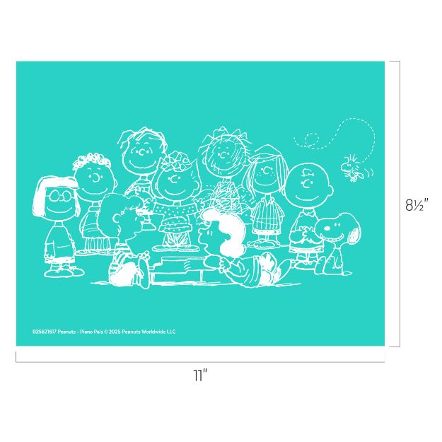 White line drawing of Peanuts characters, including Snoopy, Charlie Brown, and friends, standing and sitting together on a turquoise background. Image dimensions are 11 inches by 8.5 inches.