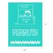 A teal-colored illustration of Lucy from Peanuts at her "Psychiatric Help 5¢" booth with a sign saying "The Doctor is IN." Below is the Peanuts logo in large letters. Dimensions are 8.5 by 11 inches.