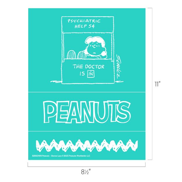 A teal-colored illustration of Lucy from Peanuts at her "Psychiatric Help 5¢" booth with a sign saying "The Doctor is IN." Below is the Peanuts logo in large letters. Dimensions are 8.5 by 11 inches.