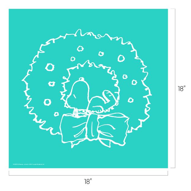 White outline illustration of Snoopy sleeping on a holiday wreath with a large bow, set against a teal background. The image is square, measuring 18 inches by 18 inches.
