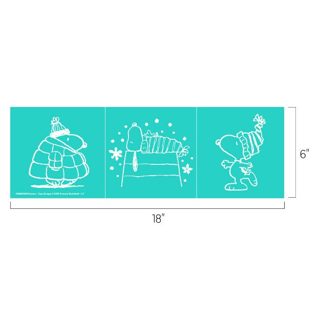 Three white, sketched Peanuts characters in winter clothing are shown on a turquoise background, each in a separate panel. The panels together measure 18" wide by 6" tall.