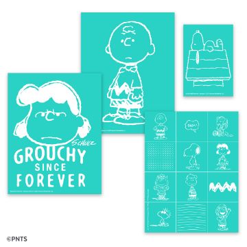 Show details for Peanuts Main Character Energy Bundle Four turquoise Peanuts prints: Lucy with "Grouchy Since Forever," Charlie Brown, Snoopy on his doghouse, and a grid featuring various Peanuts characters in simple white line sketches.