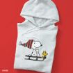 A folded gray hoodie with an illustration of Snoopy wearing a red and green striped winter hat, sitting on a sled with Woodstock on a red background. The ©PNTS copyright is displayed in the lower left corner.