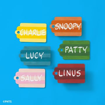 Show details for Peanuts - Classic Font Six colorful name tags on a blue background display the names: CHARLIE (yellow), SNOOPY (orange), LUCY (blue), PATTY (green), SALLY (pink), and LINUS (red).