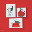 Three illustrations of Snoopy: one skating in a green hat, one bundled in a red coat and hat, and one lying on his red doghouse covered by a green blanket with Woodstock, all on a red background.