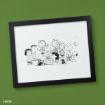 A framed black-and-white drawing of Peanuts characters, including Snoopy, Charlie Brown, and others, posed together and smiling, displayed against a green background.
