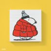 A cartoon animal, possibly a dog, wearing a red puffy coat and a blue winter hat is illustrated on a white square canvas against a bright yellow background.