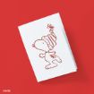 A greeting card on a red background features a red line drawing of Snoopy wearing a festive hat and walking happily.