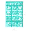 A teal and white illustrated poster titled "The Twelve Days of Christmas," showing all twelve gifts from the song, such as a partridge in a pear tree, turtle doves, golden rings, and drummers drumming; measures 12" x 18".