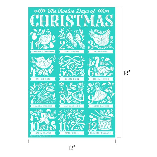 A teal and white illustrated poster titled "The Twelve Days of Christmas," showing all twelve gifts from the song, such as a partridge in a pear tree, turtle doves, golden rings, and drummers drumming; measures 12" x 18".