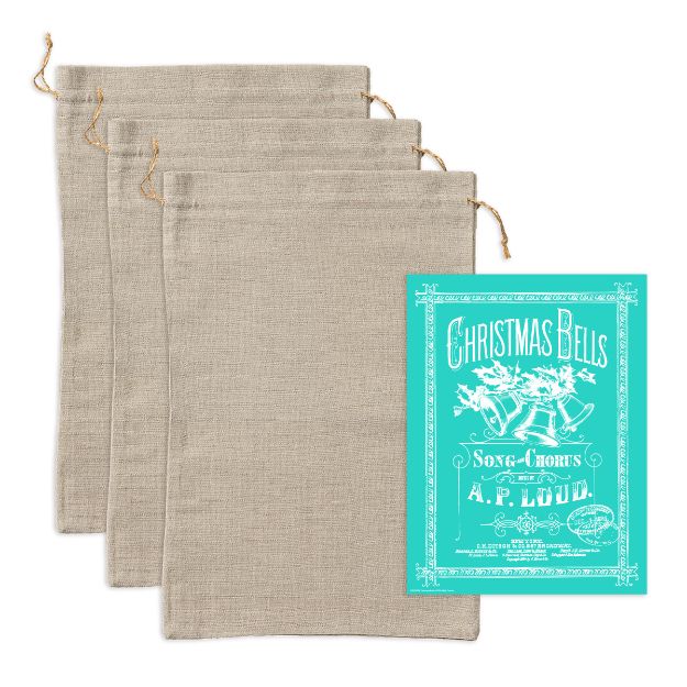 Four beige drawstring cloth bags are laid out in a fan arrangement next to a teal and white vintage-style Christmas sheet music cover titled "Christmas Bells" by A.P. Loud.