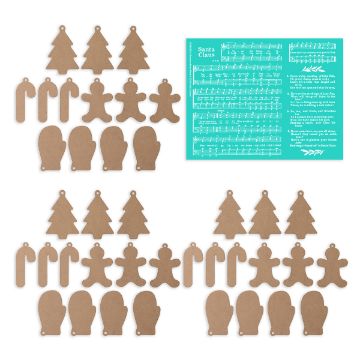 Show details for Classic Ornaments Bundle Assorted brown cardboard cutouts in shapes of candy canes, trees, mittens, and gingerbread people are arranged in groups. A turquoise sheet with "Santa Claus Is Coming to Town" lyrics and music is in the top right corner.