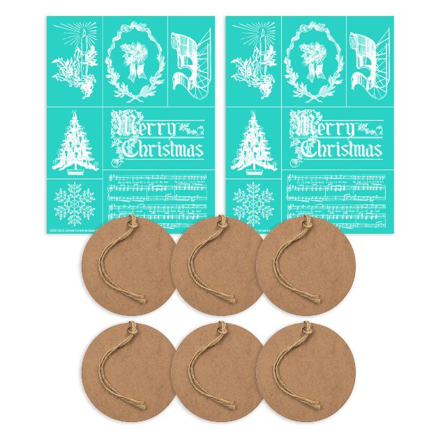 Two teal stencil sheets with white Christmas designs, including trees, "Merry Christmas" text, and ornaments, are shown above six blank round brown gift tags with strings.