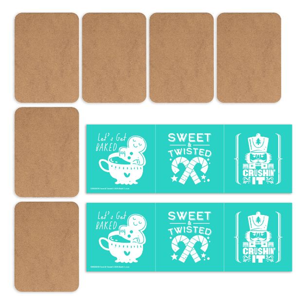 Eight cards are shown: four face down with brown backs, and four face up with teal fronts displaying white holiday-themed graphics and phrases like "Let's Get Baked," "Sweet & Twisted," and "Crushin' It.