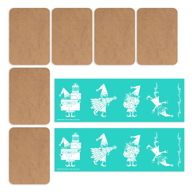 Four plain brown rectangles are arranged above two turquoise cards decorated with white illustrations of gift boxes, elves, and reindeer. Below the turquoise cards are two more plain brown rectangles.