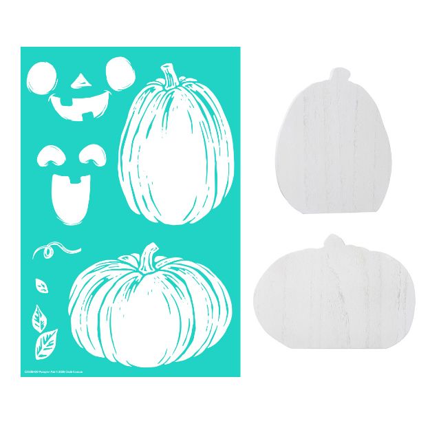 A turquoise stencil sheet with pumpkin shapes, pumpkin faces, and leaves beside two blank, white wooden pumpkin cutouts in different shapes.